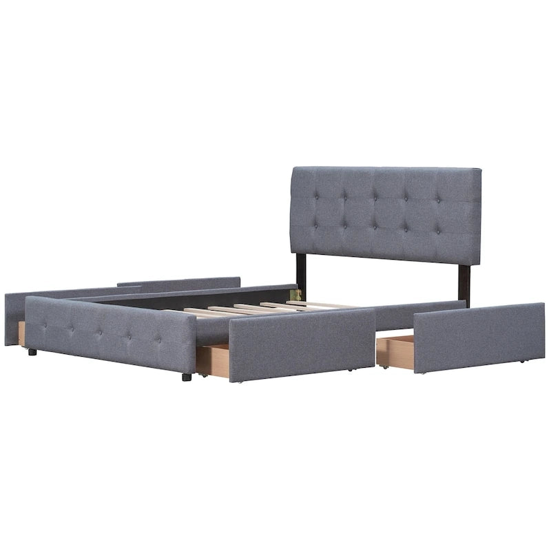 Letto Queen imbottito con testiera classica e 4 cassetti, nessuna base a molle necessaria, tessuto in lino