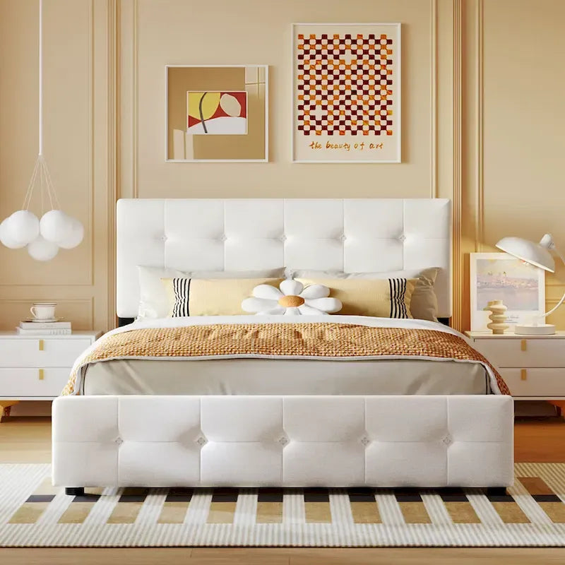 Letto Queen imbottito con testiera classica e 4 cassetti, nessuna base a molle necessaria, tessuto in lino
