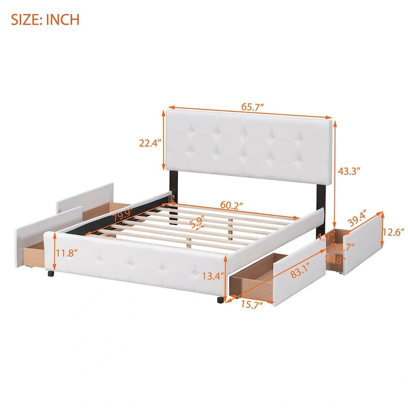 Letto Queen imbottito con testiera classica e 4 cassetti, nessuna base a molle necessaria, tessuto in lino