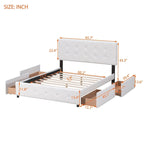 Letto Queen imbottito con testiera classica e 4 cassetti, nessuna base a molle necessaria, tessuto in lino