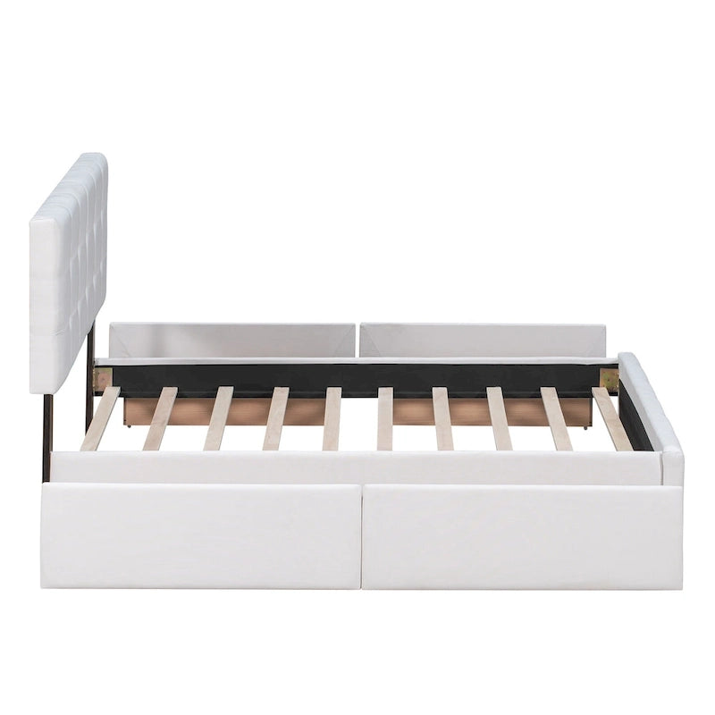 Letto Queen imbottito con testiera classica e 4 cassetti, nessuna base a molle necessaria, tessuto in lino