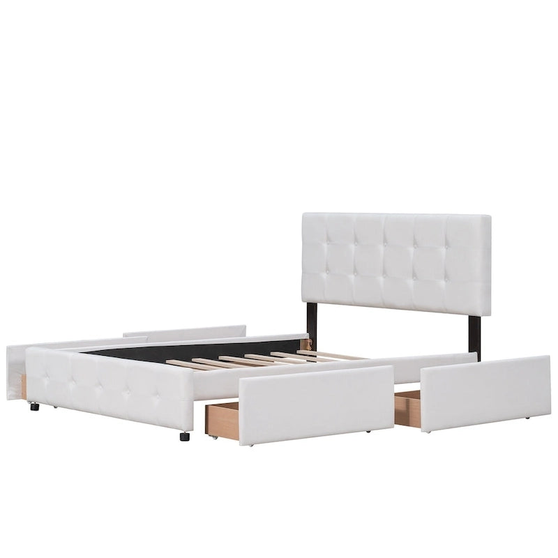 Letto Queen imbottito con testiera classica e 4 cassetti, nessuna base a molle necessaria, tessuto in lino