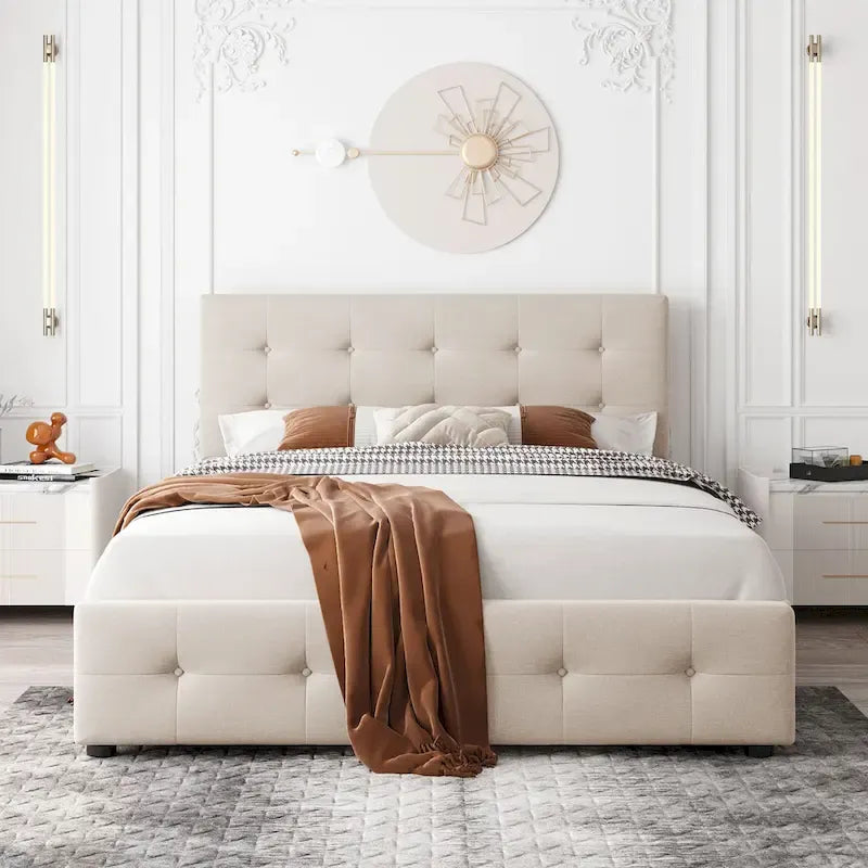 Letto Queen imbottito con testiera classica e 4 cassetti, nessuna base a molle necessaria, tessuto in lino