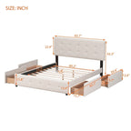 Letto Queen imbottito con testiera classica e 4 cassetti, nessuna base a molle necessaria, tessuto in lino