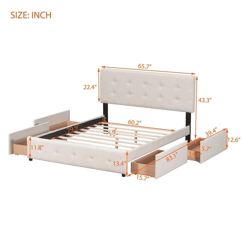 Letto Queen imbottito con testiera classica e 4 cassetti, nessuna base a molle necessaria, tessuto in lino