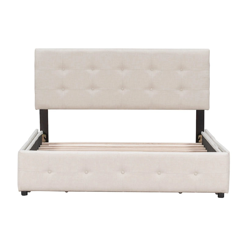 Letto Queen imbottito con testiera classica e 4 cassetti, nessuna base a molle necessaria, tessuto in lino