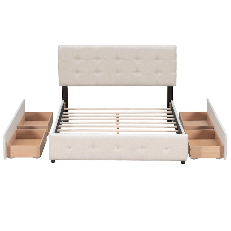 Letto Queen imbottito con testiera classica e 4 cassetti, nessuna base a molle necessaria, tessuto in lino