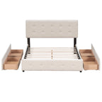 Letto Queen imbottito con testiera classica e 4 cassetti, nessuna base a molle necessaria, tessuto in lino