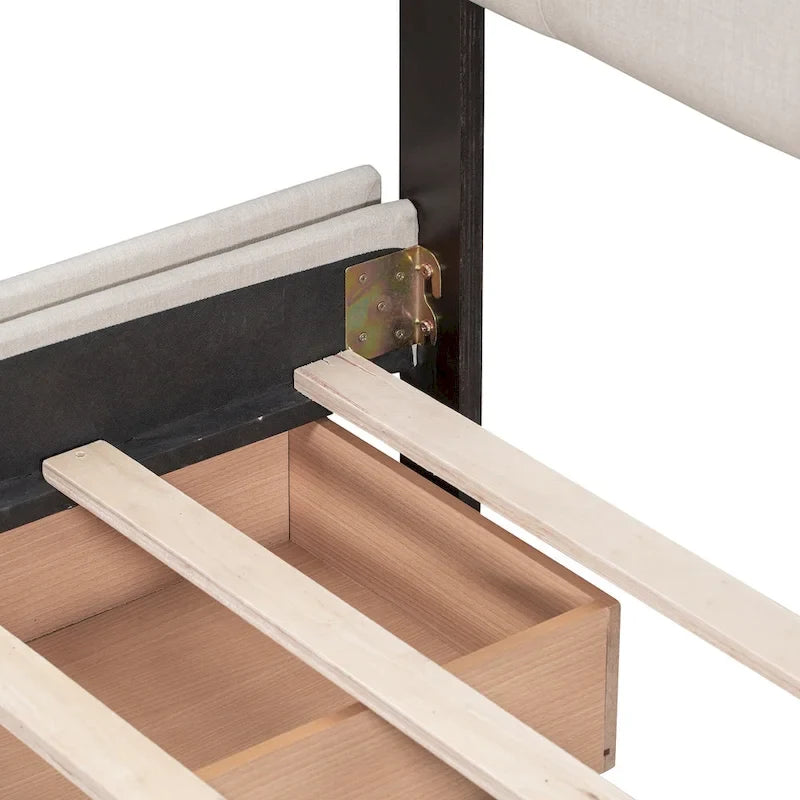 Letto Queen imbottito con testiera classica e 4 cassetti, nessuna base a molle necessaria, tessuto in lino