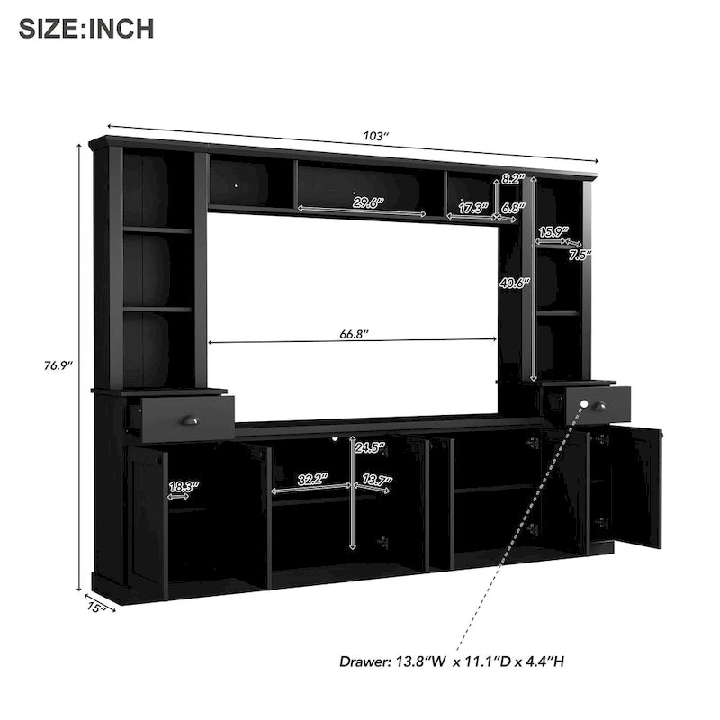 Mobile TV con ponte, porta TV con ripiani regolabili per TV fino a 75 pollici, due console multimediali