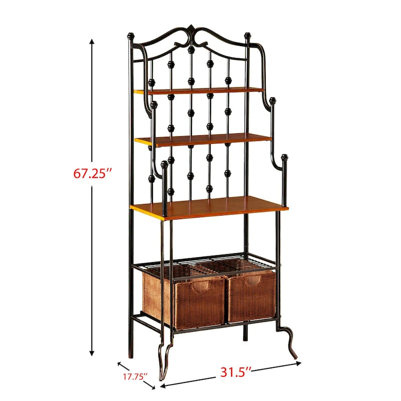 Scaffale per panettiere in ferro nero con cestini in rattan e ripiani in legno