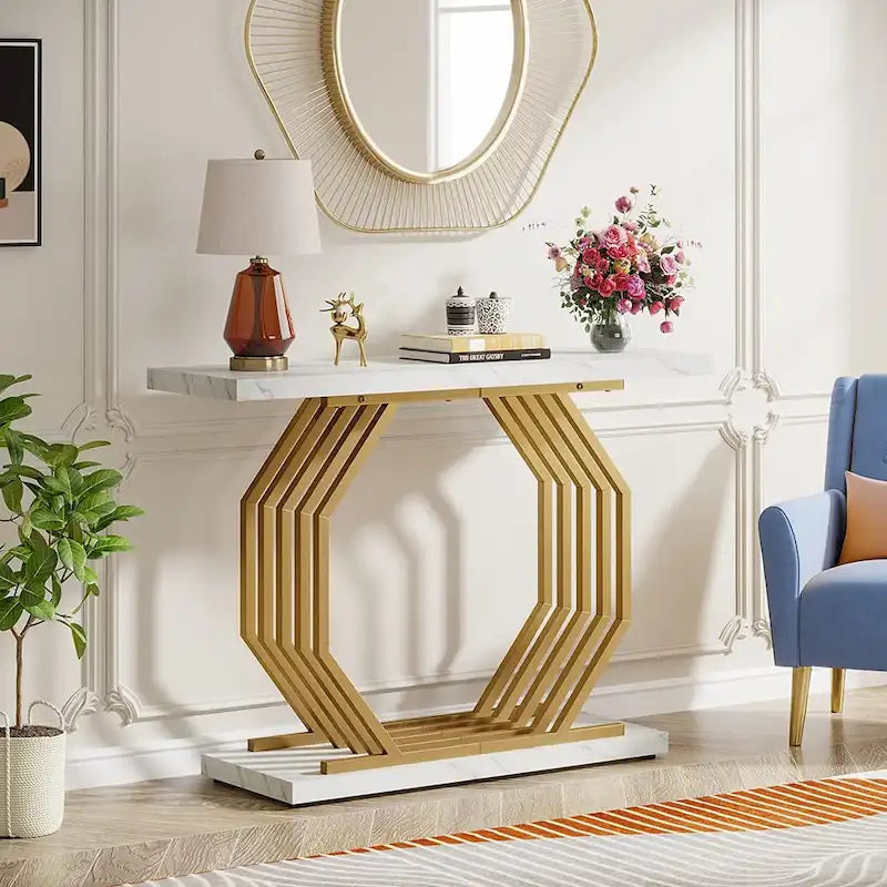 Consolle dorata, tavolo da ingresso in finto marmo, tavolo stretto da divano con base geometrica in metallo, tavolino moderno da 40 pollici