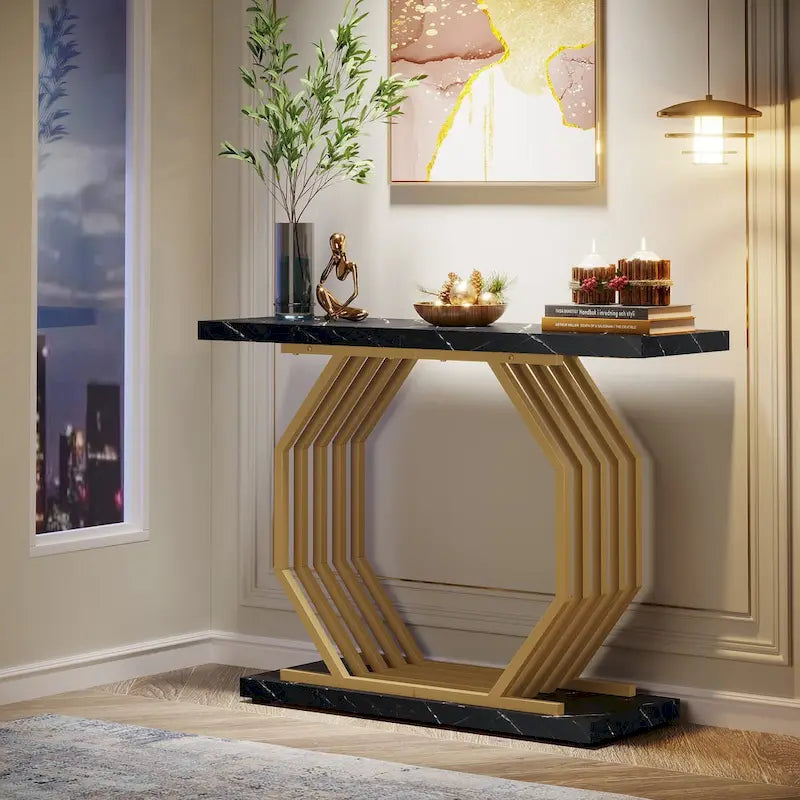 Consolle dorata, tavolo da ingresso in finto marmo, tavolo stretto da divano con base geometrica in metallo, tavolino moderno da 40 pollici