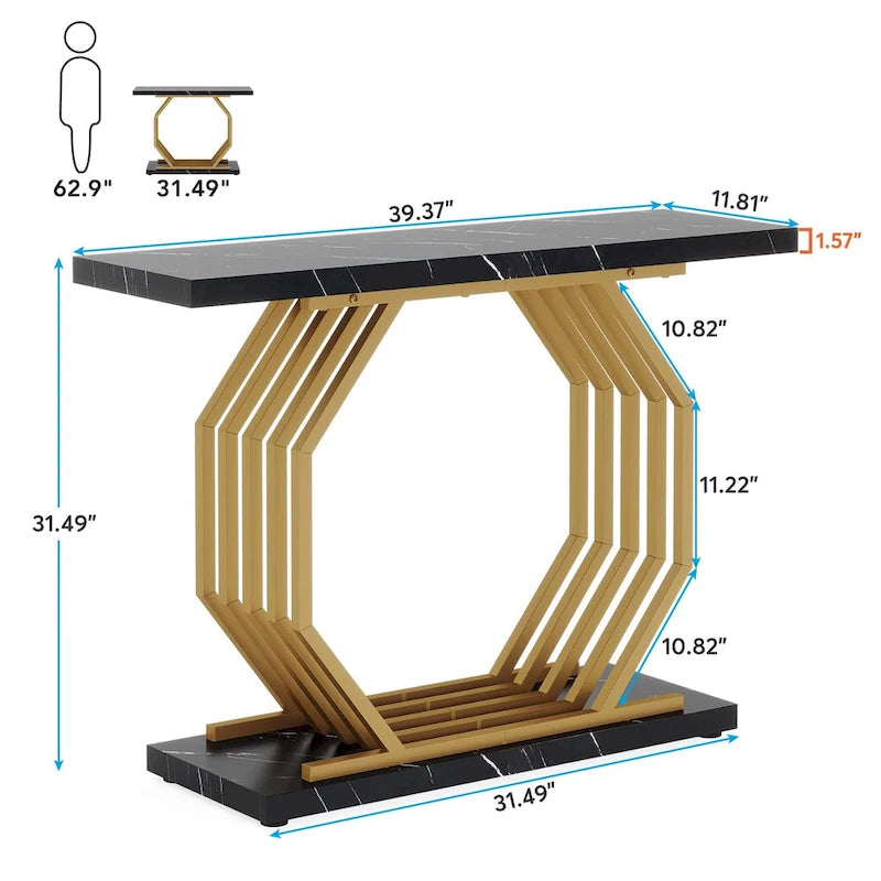 Consolle dorata, tavolo da ingresso in finto marmo, tavolo stretto da divano con base geometrica in metallo, tavolino moderno da 40 pollici