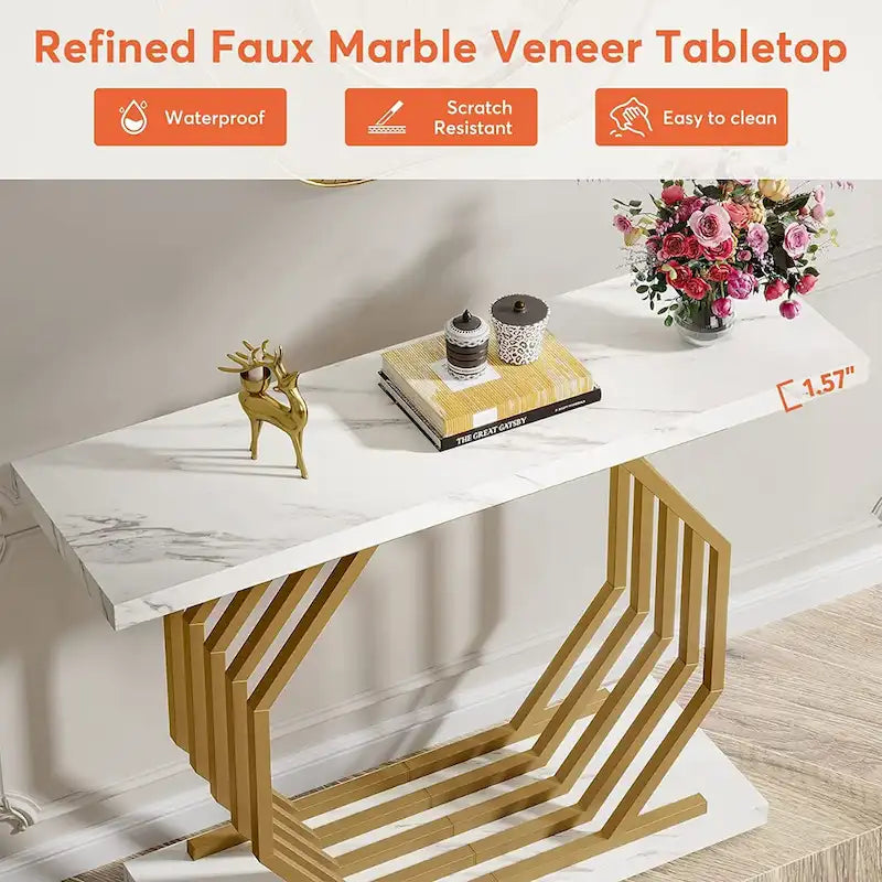 Consolle dorata, tavolo da ingresso in finto marmo, tavolo stretto da divano con base geometrica in metallo, tavolino moderno da 40 pollici