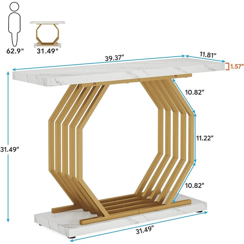 Consolle dorata, tavolo da ingresso in finto marmo, tavolo stretto da divano con base geometrica in metallo, tavolino moderno da 40 pollici