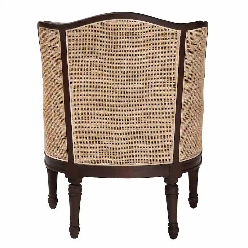 Poltrona tradizionale francese con rivestimento in tessuto beige e dettagli in legno marrone scuro