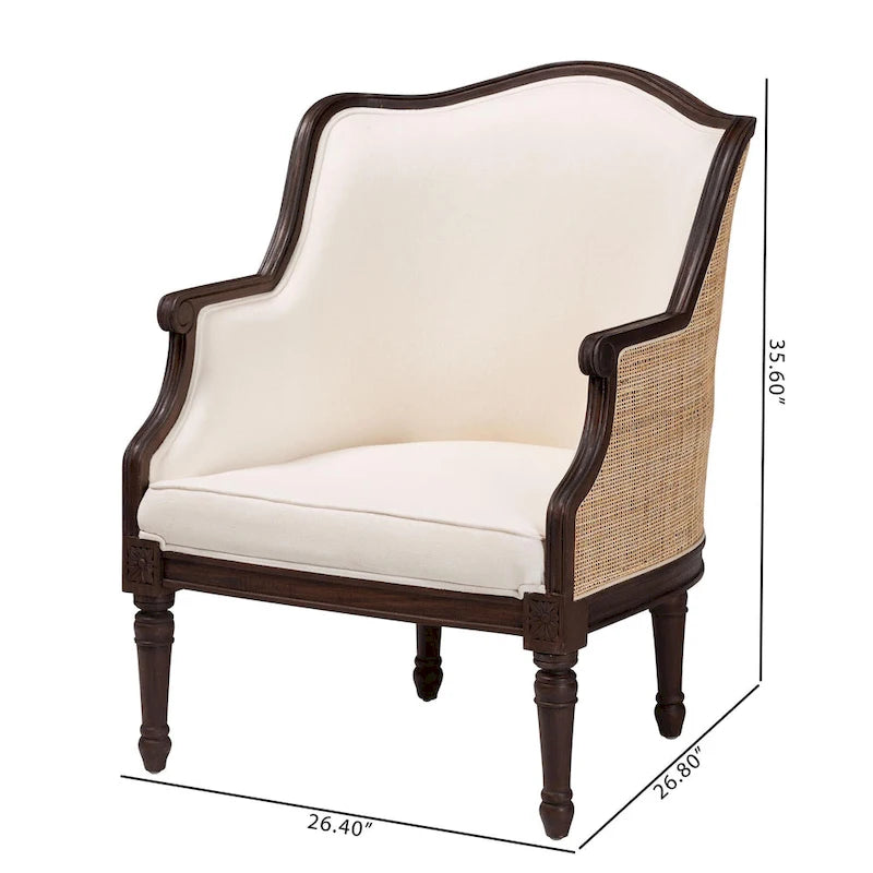 Poltrona tradizionale francese con rivestimento in tessuto beige e dettagli in legno marrone scuro