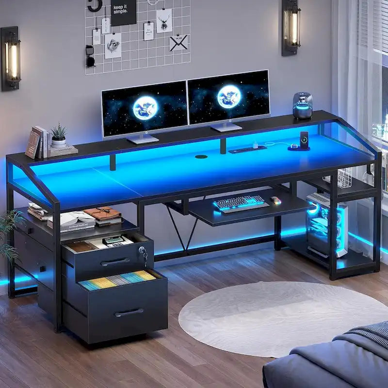Scrivania da Computer a LED con Cassetti con Serratura, Vassoio Tastiera, Presa di Corrente