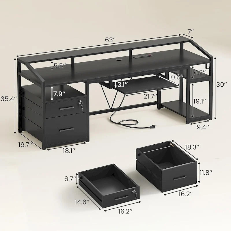 Scrivania da Computer a LED con Cassetti con Serratura, Vassoio Tastiera, Presa di Corrente