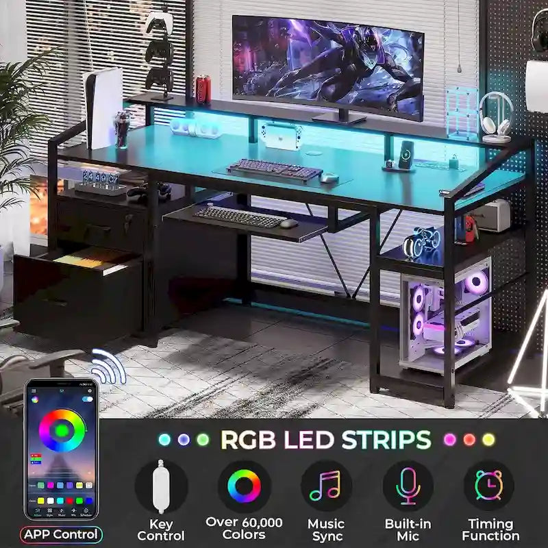 Scrivania da Computer a LED con Cassetti con Serratura, Vassoio Tastiera, Presa di Corrente