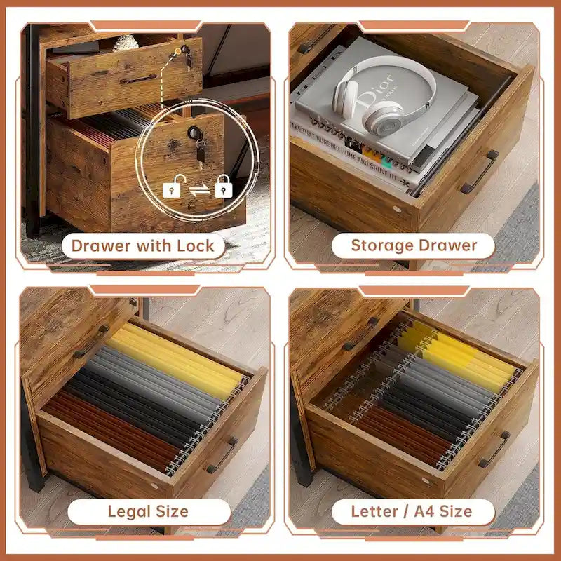 Scrivania da Computer a LED con Cassetti con Serratura, Vassoio Tastiera, Presa di Corrente