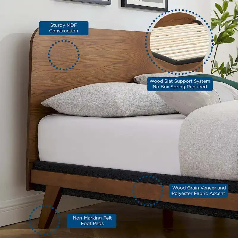 Letto a piattaforma Queen Mid-Century Modern con venature del legno