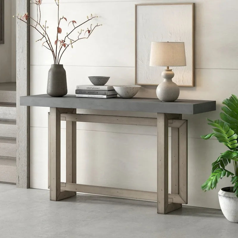 Consolle contemporanea con piano in legno e cemento di ispirazione industriale