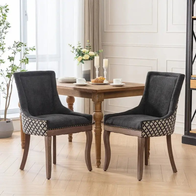 Sedia da pranzo in tessuto spesso con gambe in legno massello, set da 2