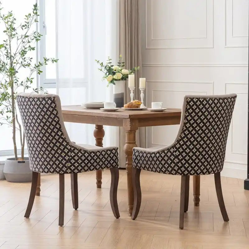 Sedia da pranzo in tessuto spesso con gambe in legno massello, set da 2