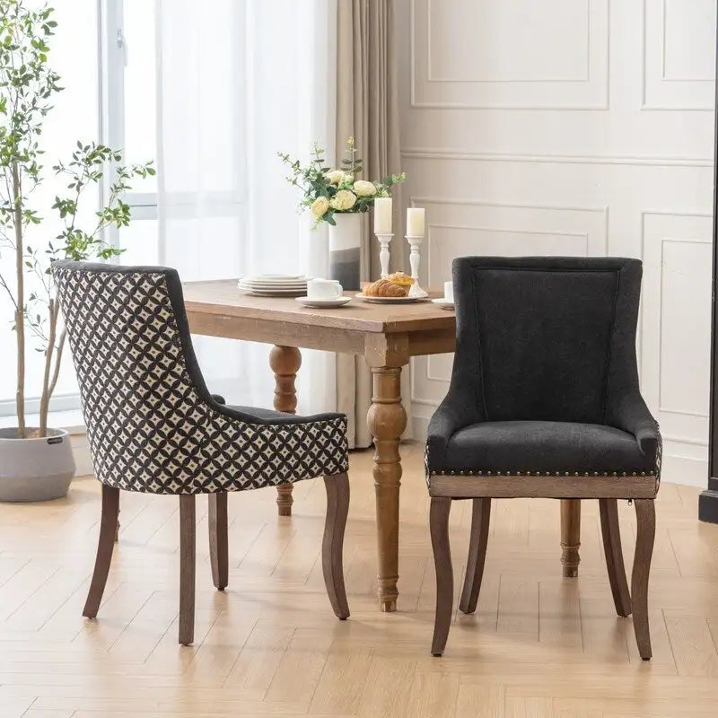 Sedia da pranzo in tessuto spesso con gambe in legno massello, set da 2