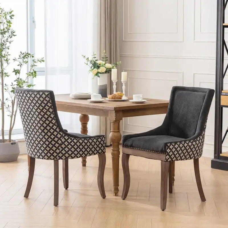 Sedia da pranzo in tessuto spesso con gambe in legno massello, set da 2