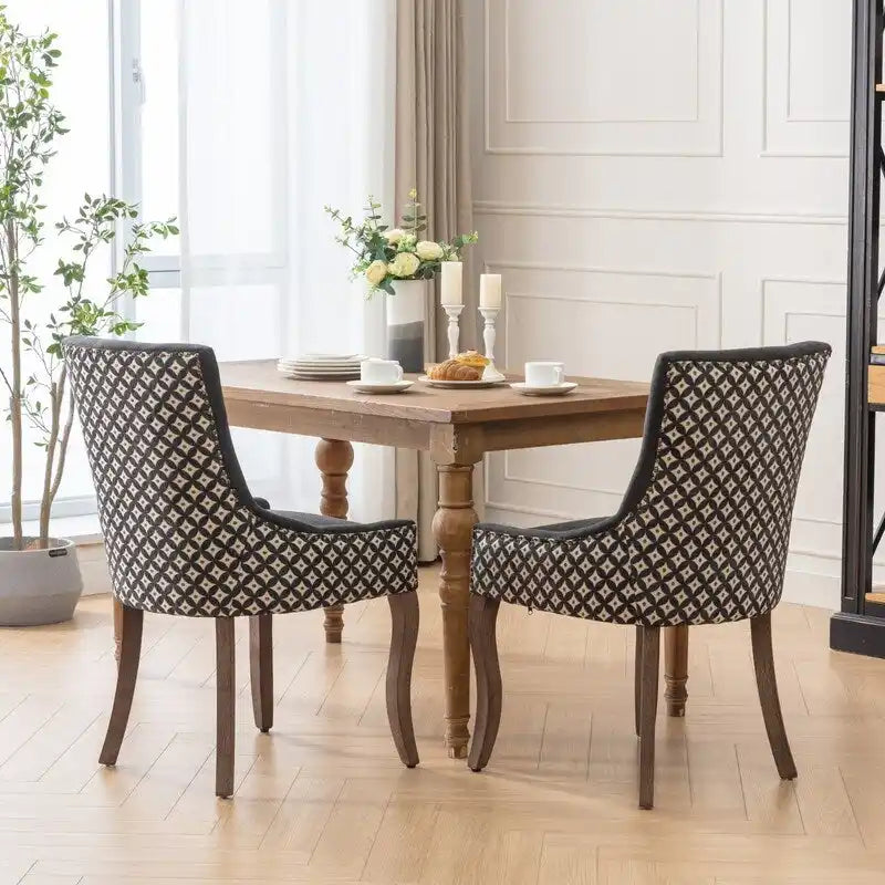 Sedia da pranzo in tessuto spesso con gambe in legno massello, set da 2