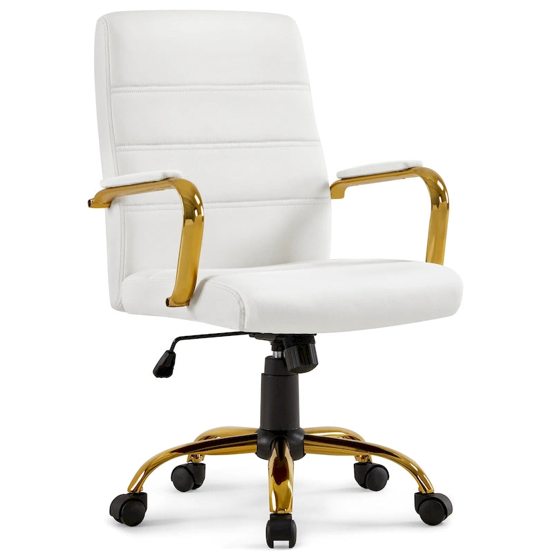 Sedia da Ufficio Direzionale in Pelle PU con Schienale Medio e Struttura Dorata, Colore Bianco