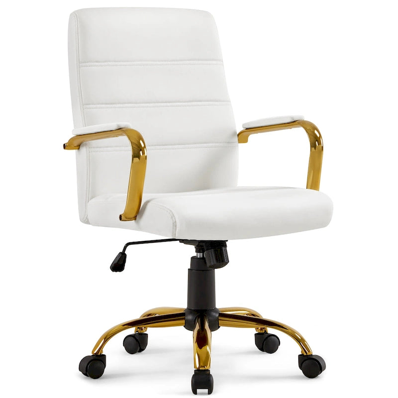 Sedia da Ufficio Direzionale in Pelle PU con Schienale Medio e Struttura Dorata, Colore Bianco