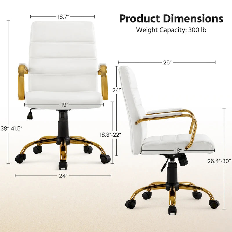 Sedia da Ufficio Direzionale in Pelle PU con Schienale Medio e Struttura Dorata, Colore Bianco