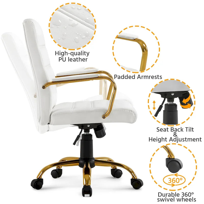 Sedia da Ufficio Direzionale in Pelle PU con Schienale Medio e Struttura Dorata, Colore Bianco