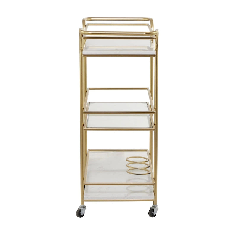 Carrello portabevande dorato con ripiani e maniglie in vetro e marmo