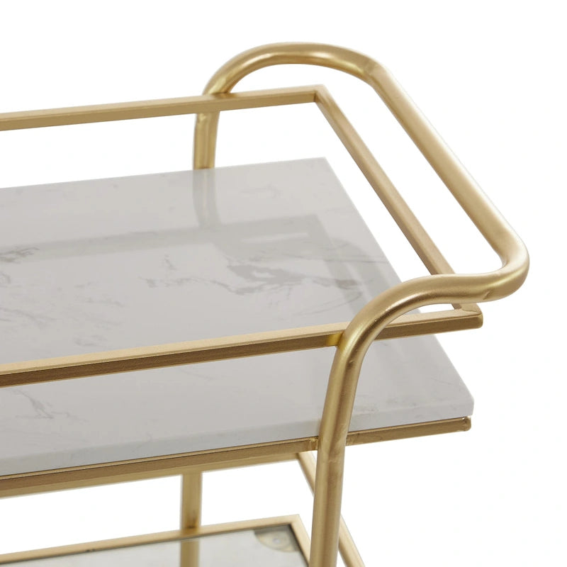 Carrello portabevande dorato con ripiani e maniglie in vetro e marmo