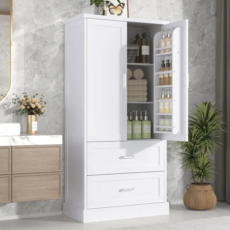 Mobile colonna da bagno alto, Armadietto con due ante e cassetti, Ripiano regolabile, Pannello in MDF, Bianco