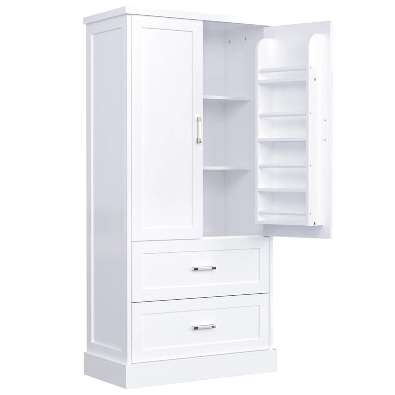 Mobile colonna da bagno alto, Armadietto con due ante e cassetti, Ripiano regolabile, Pannello in MDF, Bianco