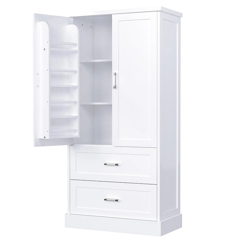 Mobile colonna da bagno alto, Armadietto con due ante e cassetti, Ripiano regolabile, Pannello in MDF, Bianco